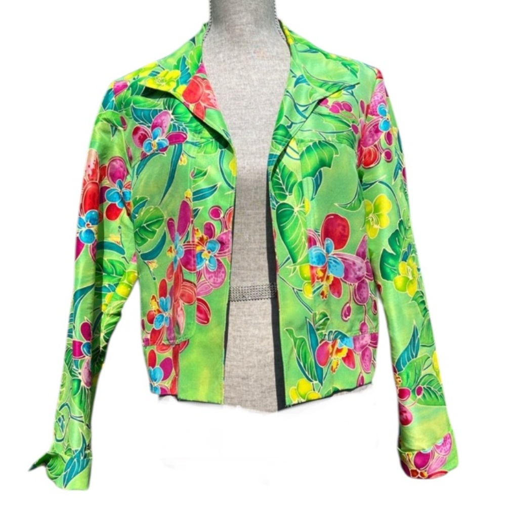 Vintage Silk Open Vibrant Tropical Floral Jacket S Colorful Hawaiian Transitions